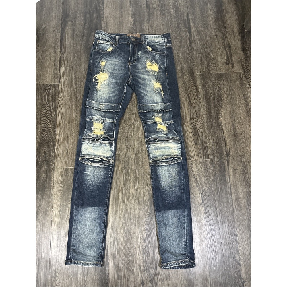 Crysp Denim Mens Distressed Ripped Biker Jeans Size 30 Dark Blue Medium Wash